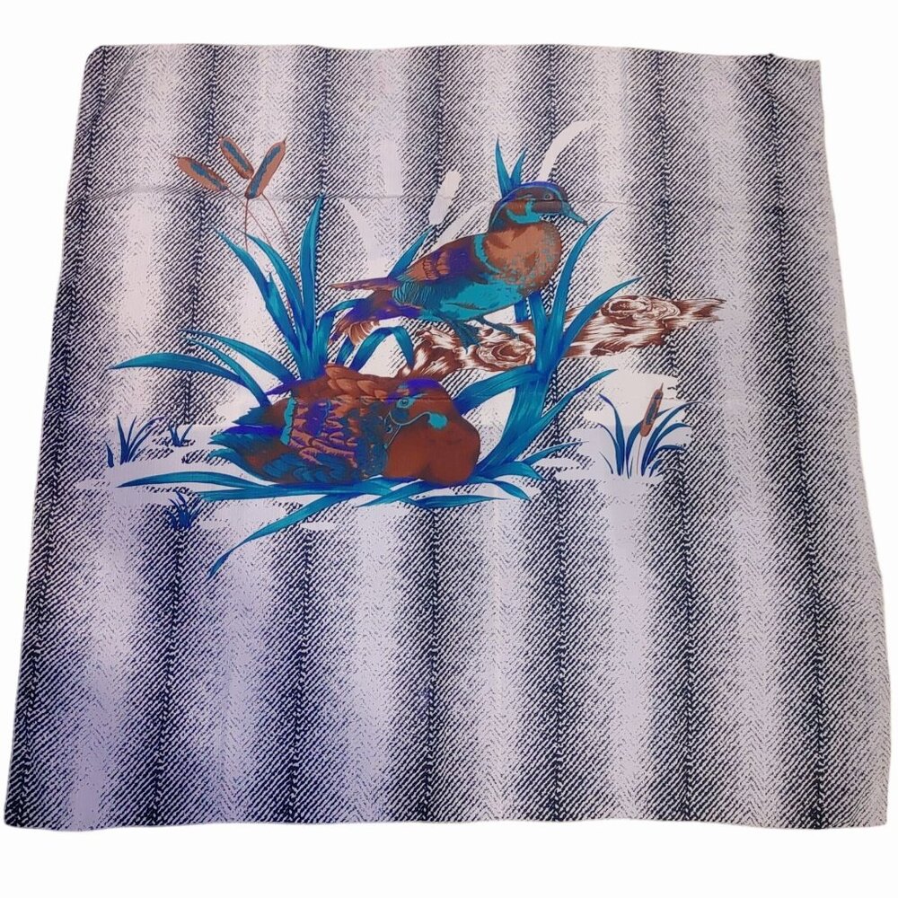 Duck Print Herringbone Cattail Scarf Wrap Handkerchief Vintage Blue Brown Square